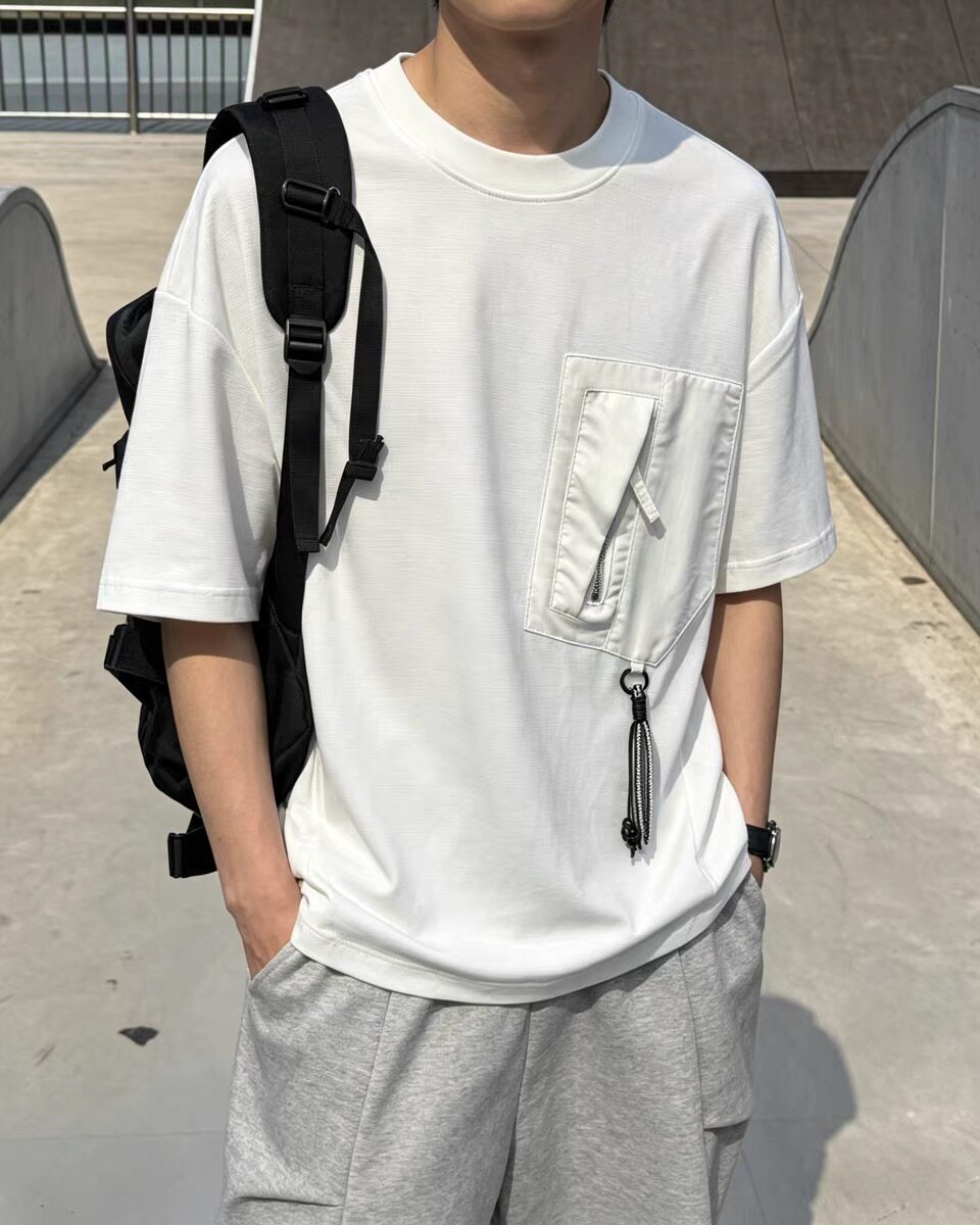 夏季机能风拉链口袋短袖男t拼接织带挂绳设计感宽松落肩蝙蝠袖T恤