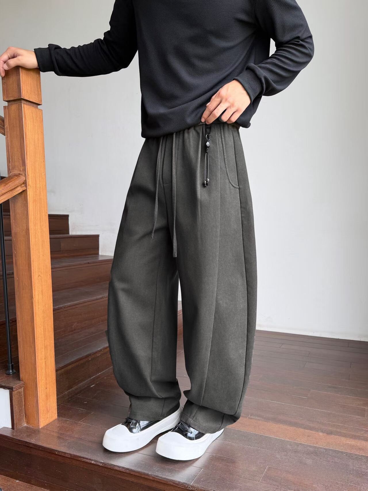 秋季高端极简老钱风松紧腰抽绳休闲裤男韩版宽松百搭直筒阔腿长裤