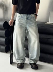 原创潮牌夏季浅蓝水洗阔腿牛仔裤男宽松直筒垂感拖地裤百搭休闲裤
