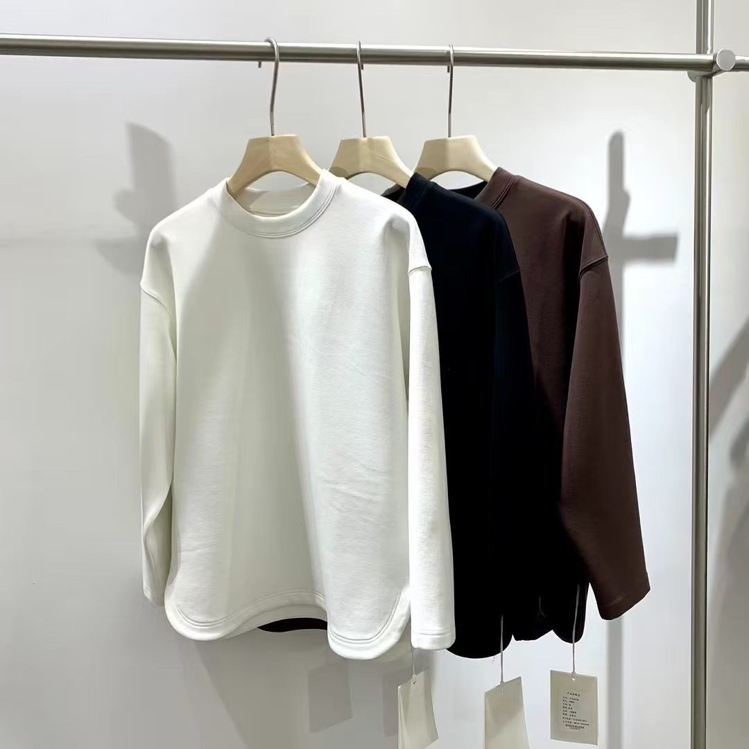 潮牌秋冬圆领长袖T恤男ins日系纯色下摆弧形开衩廓形青年内搭打底