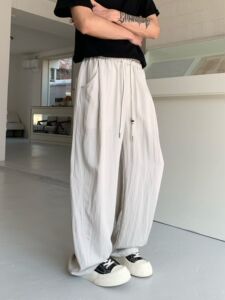 新款夏季亚麻直筒美式百搭宽松弯刀裤垂感阔腿潮流薄款休闲长裤子