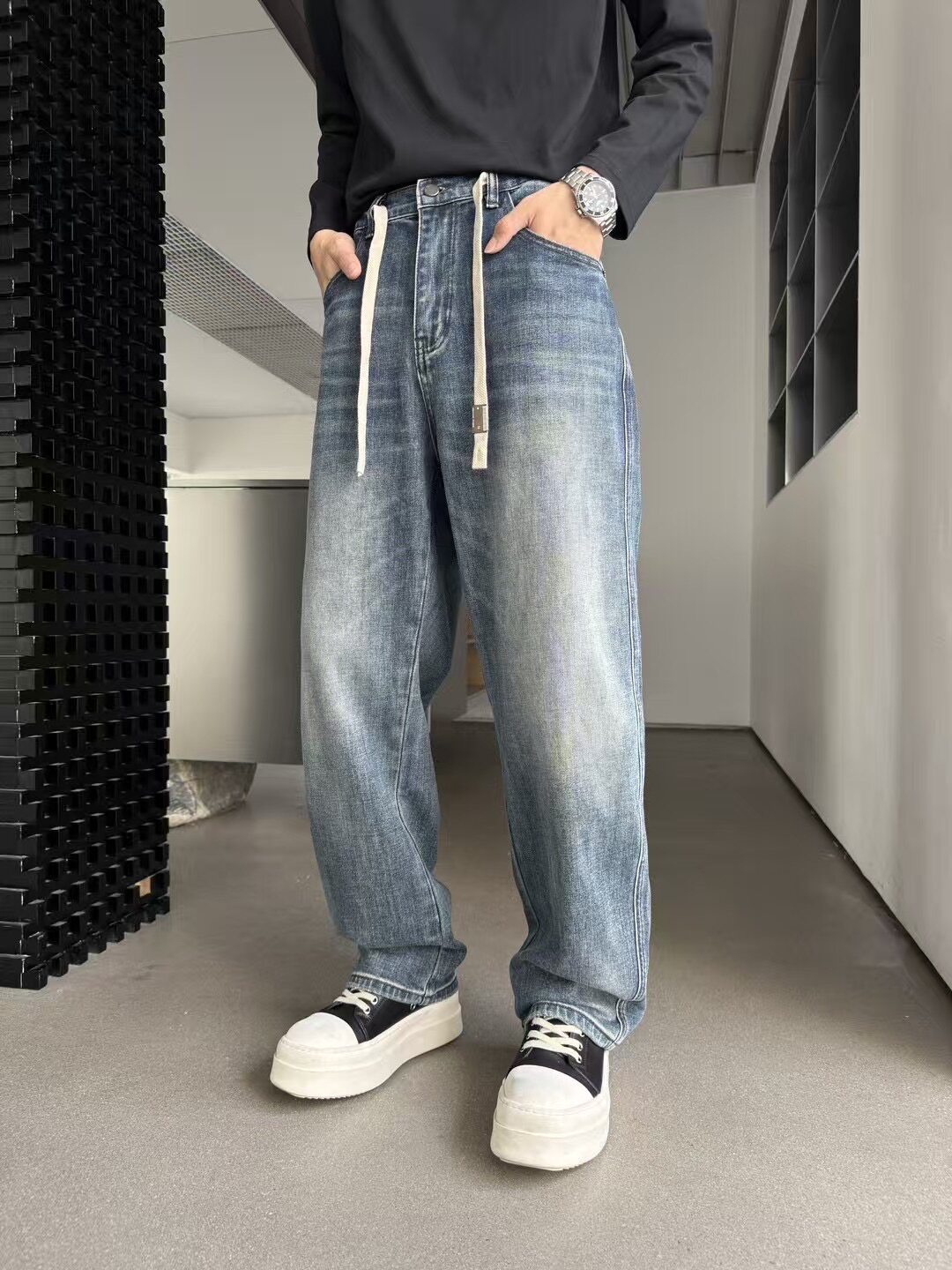 松紧腰牛仔裤男款春秋直筒宽松潮牌阔腿美式高街百搭休闲长裤子男