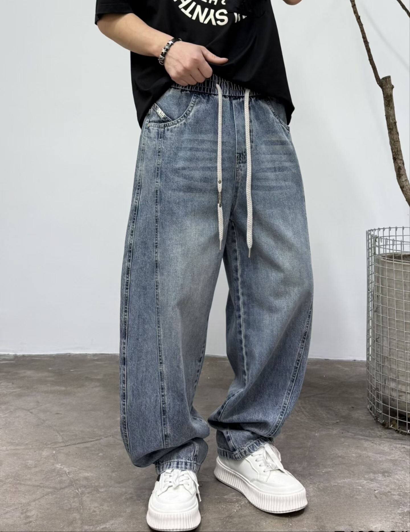 2026春夏新款美式复古水洗做旧弯刀工装牛仔裤男宽松直筒阔腿裤潮