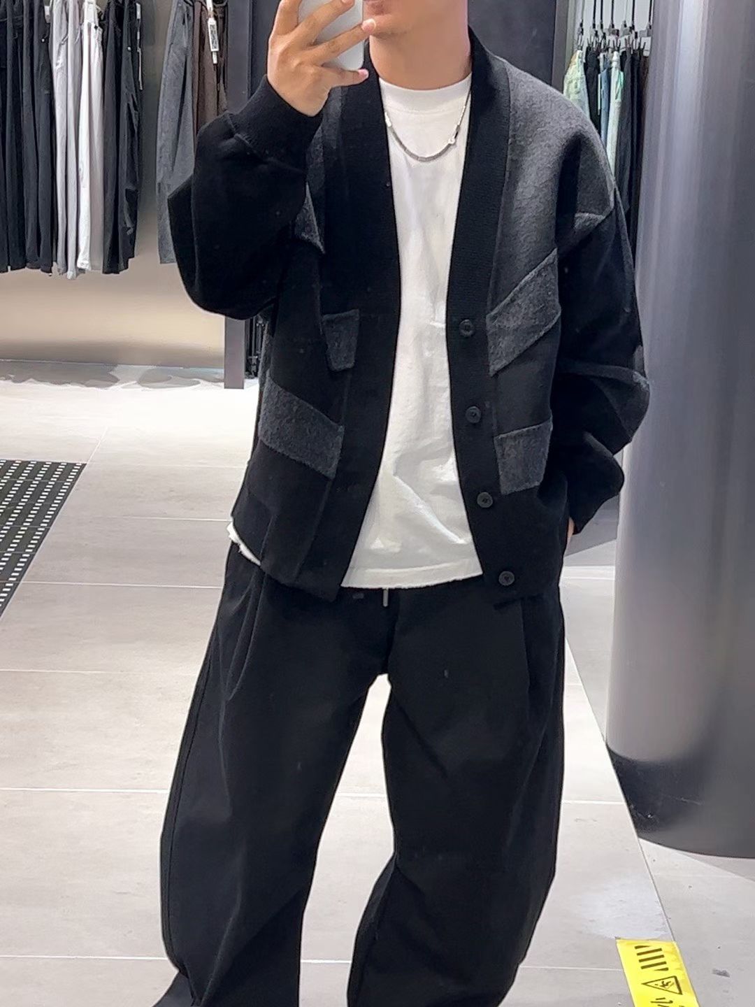 2025冬季新款男士时尚设计感潮流拼色绵羊毛开衫双面羊绒大衣外套