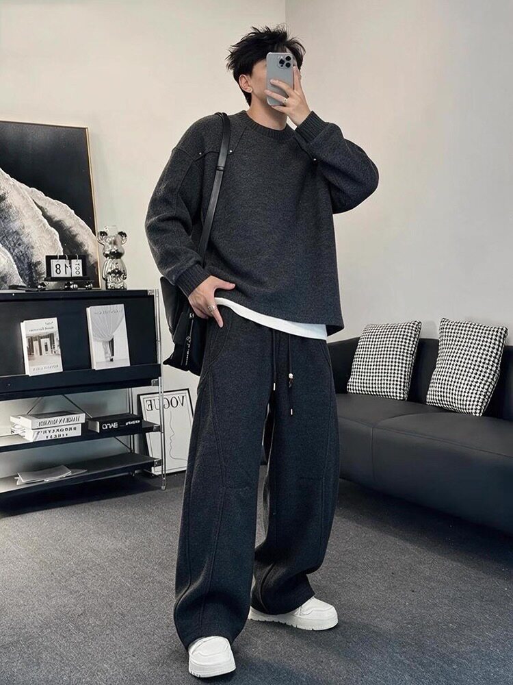 男士套装2026秋冬潮牌简约时尚百搭宽松圆领长袖卫衣长裤两件套潮