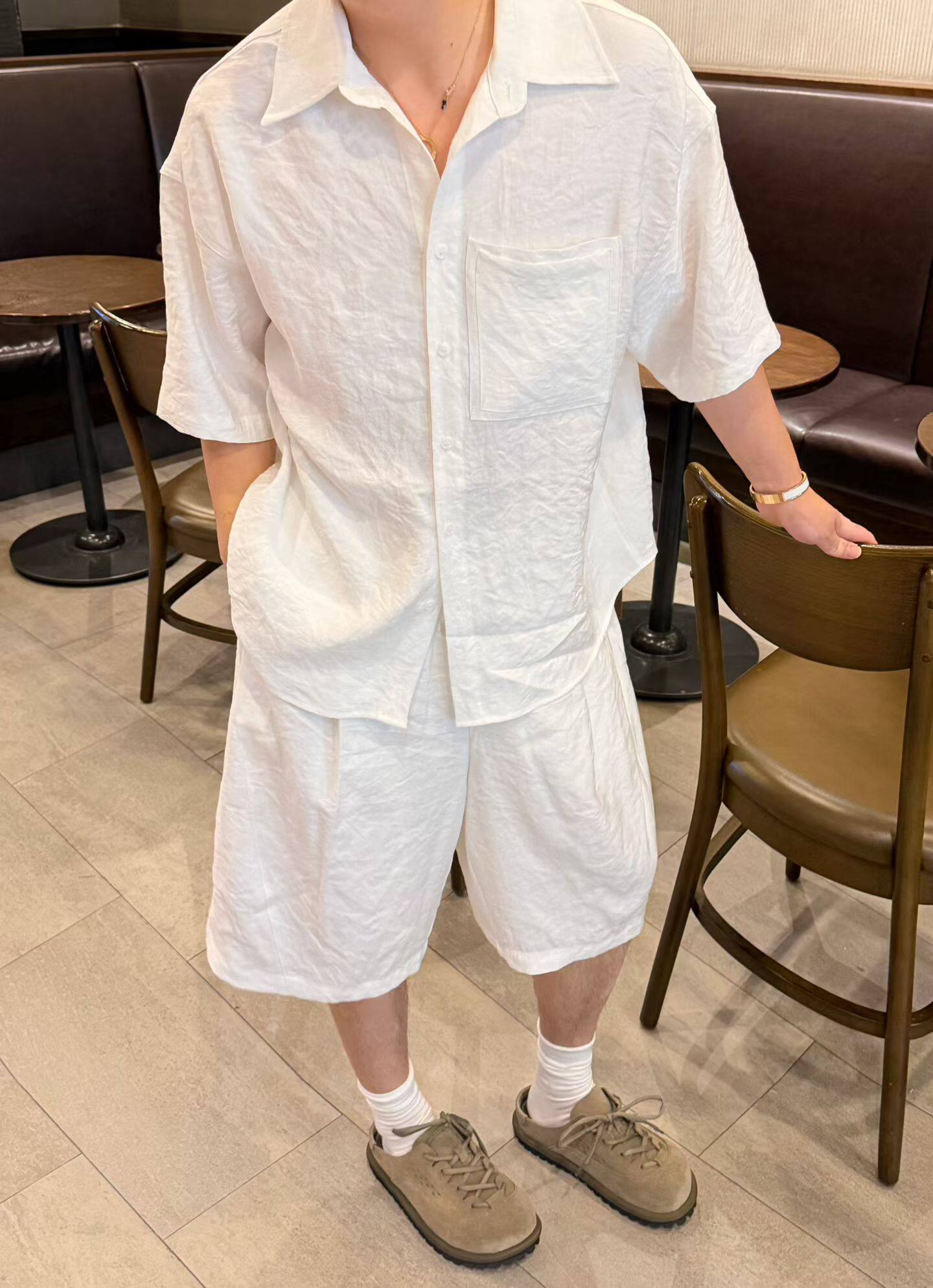 2026夏季老钱风亚麻高端纯色衬衫短袖男薄款衬衣半袖短裤两件套装