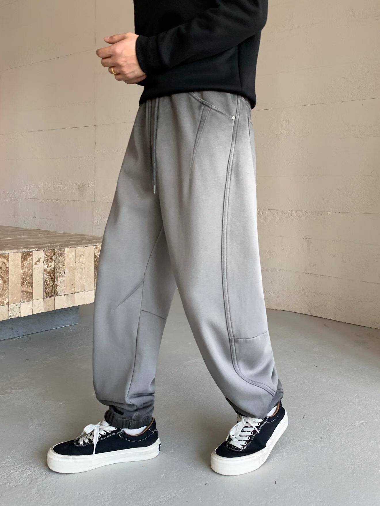 冬季美式休闲裤痞帅复古做旧加绒卫裤男宽松抽绳运动裤收脚裤子潮