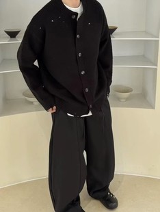 灰色破洞毛衣开衫外套男秋冬2025新款慵懒高级感宽松休闲外搭上衣