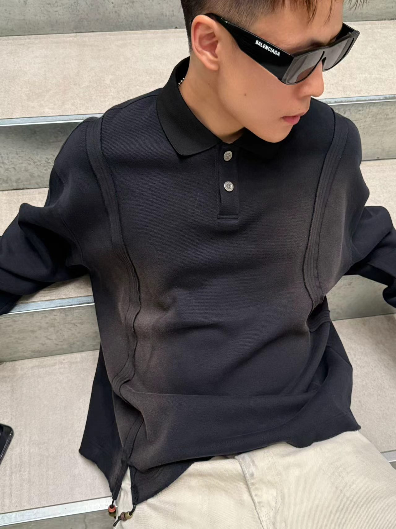 美式秋季解构毛边polo卫衣男小众设计水洗分割剪裁宽松翻领长袖男