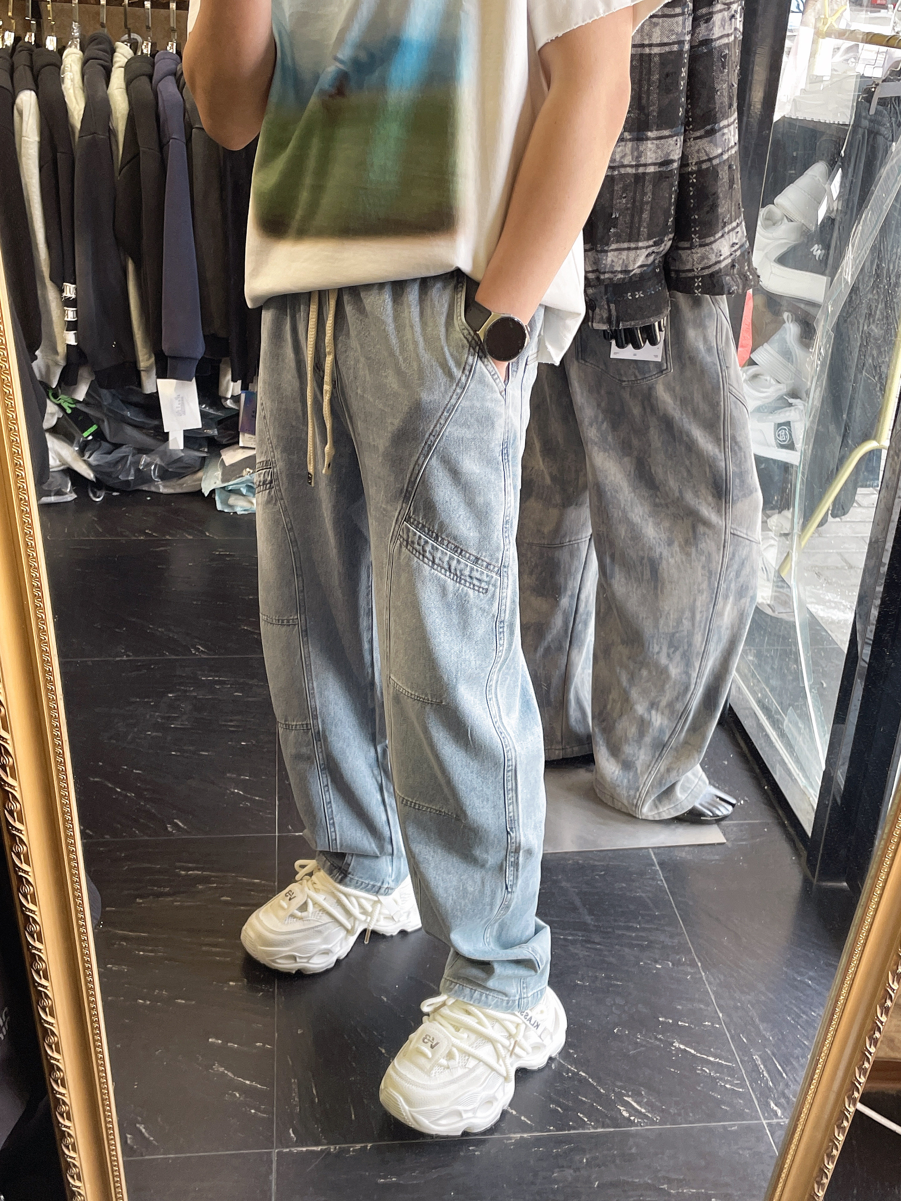 2026潮牌新款夏季薄款水洗牛仔裤男士宽松微阔版松紧腰百搭休闲裤