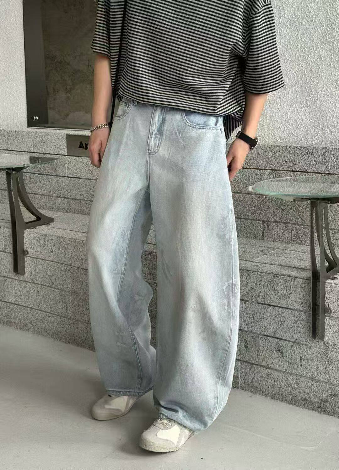 潮牌26春夏直筒牛仔裤男美式水洗做旧浅色宽松青年帅气弯刀阔腿裤