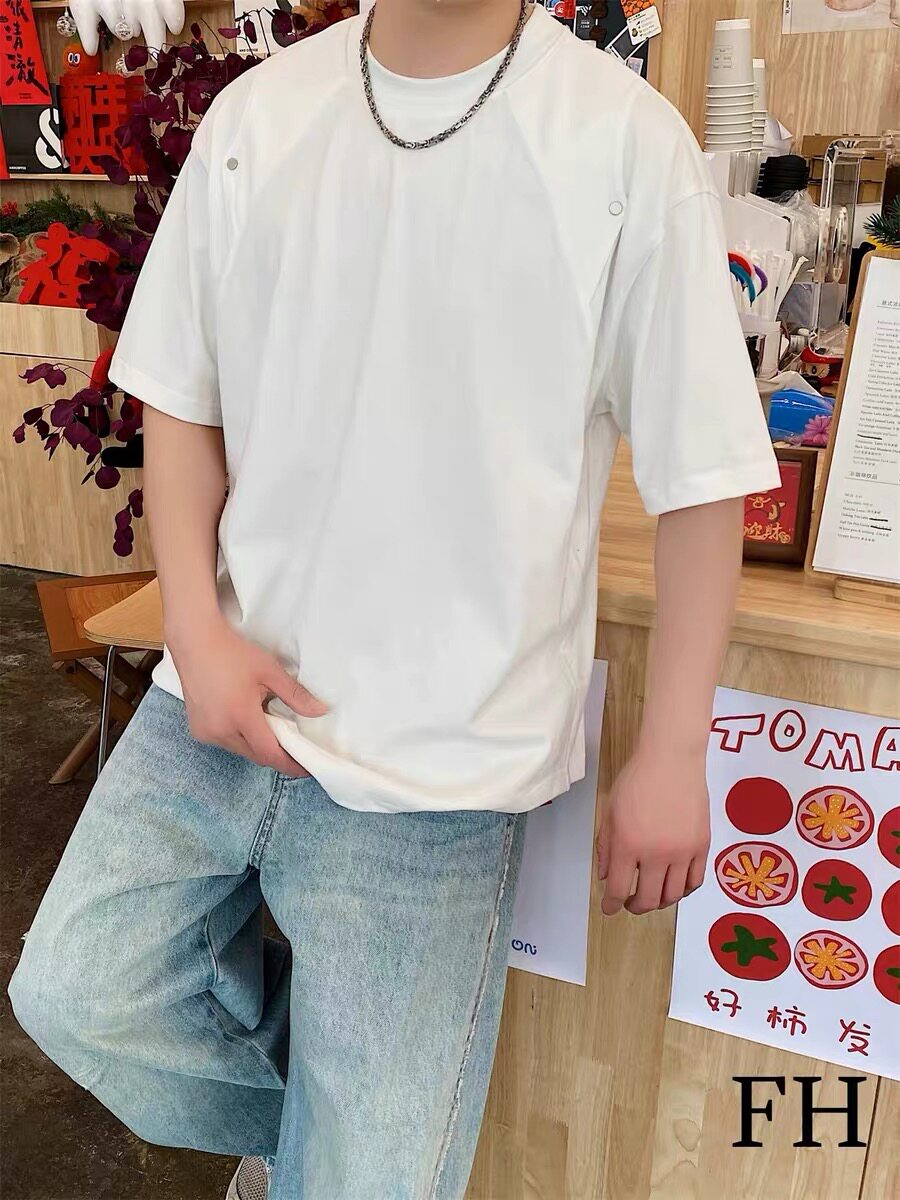 潮牌重磅短袖T恤男宽松圆领落肩袖黑色百搭上衣夏季五分袖酷感男