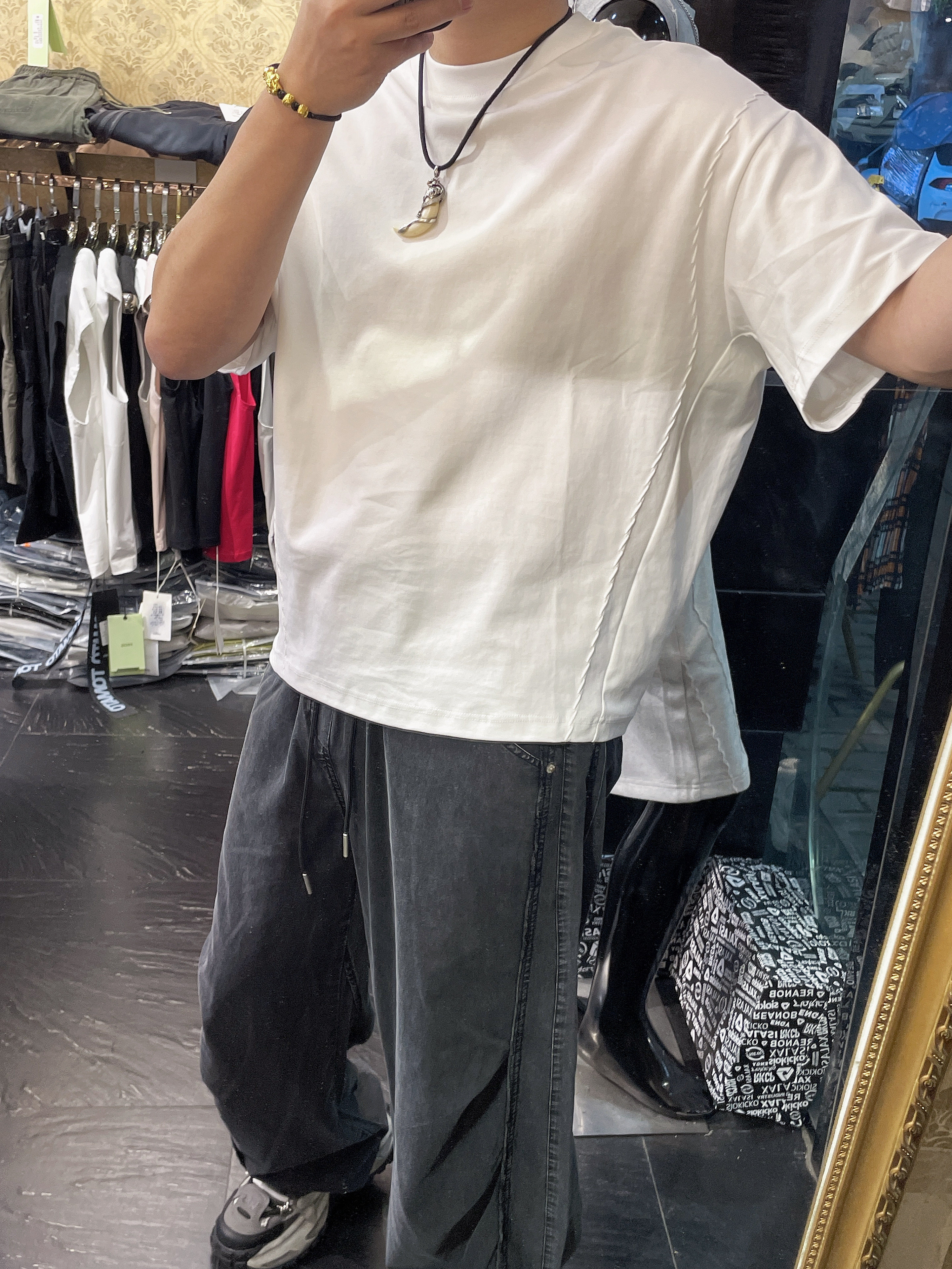 夏季薄款解构设计感短袖男t两侧压线褶皱宽松落肩蝙蝠袖纯色白T恤