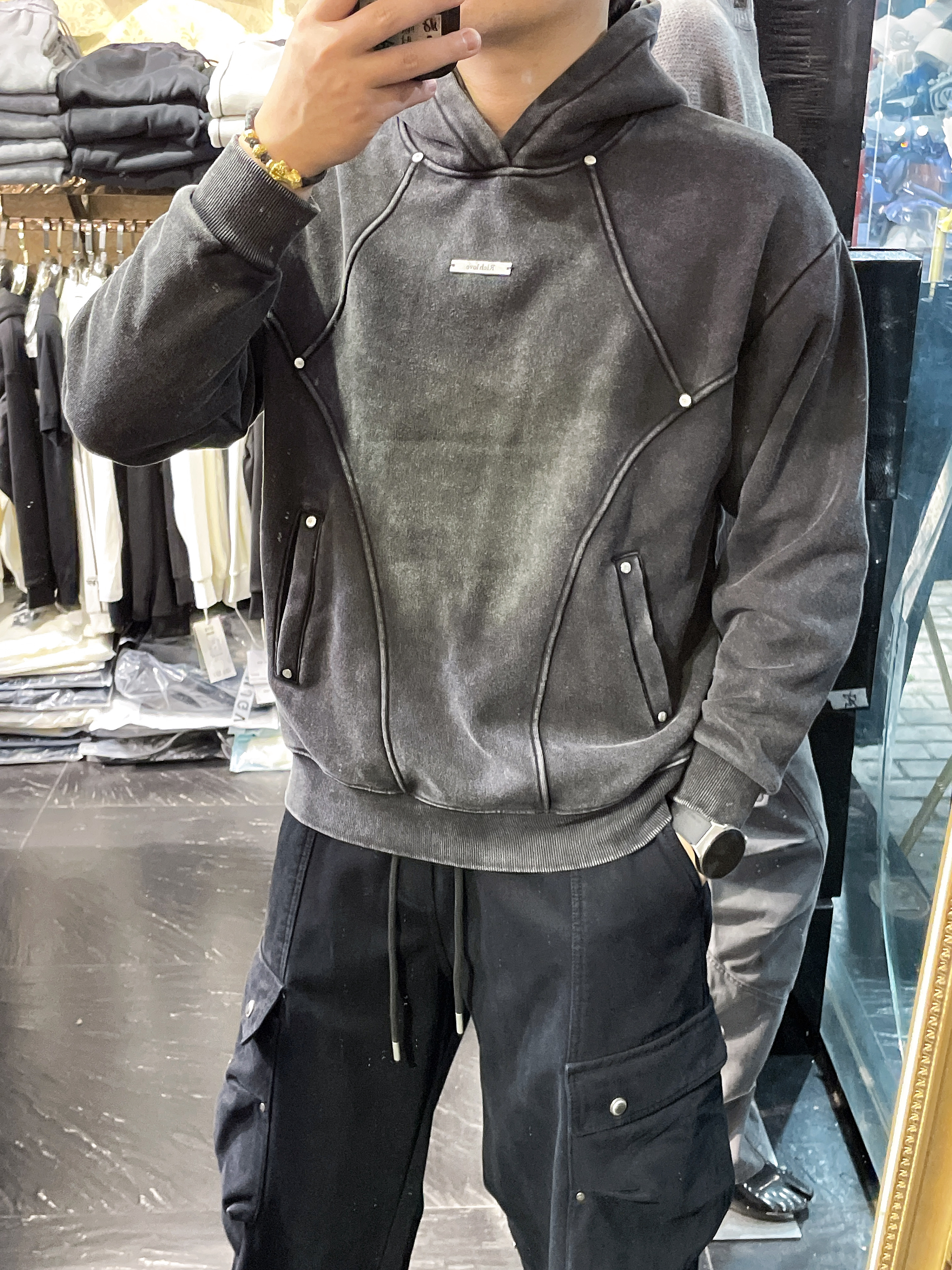 冬季美式重磅做旧解构拼接加绒卫衣男连帽潮牌高街宽松水洗帽衫潮