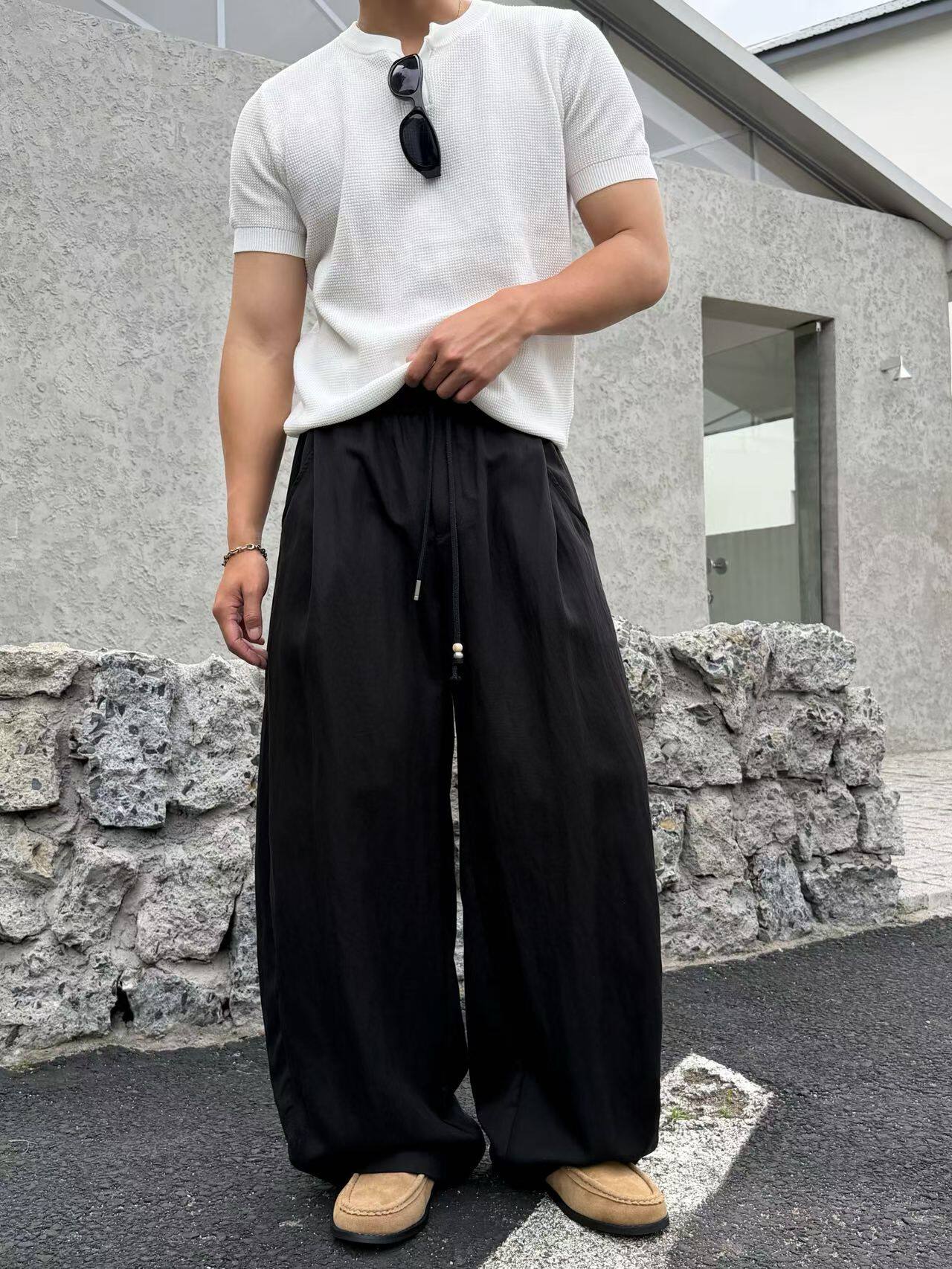 日潮山系街头感户外褶皱天丝亚麻休闲男夏季宽松剪裁工装拖地裤潮