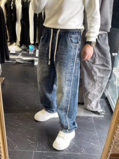 冬季潮牌时尚加绒保暖侧边毛边牛仔裤男宽松垂感百搭直筒阔腿裤潮
