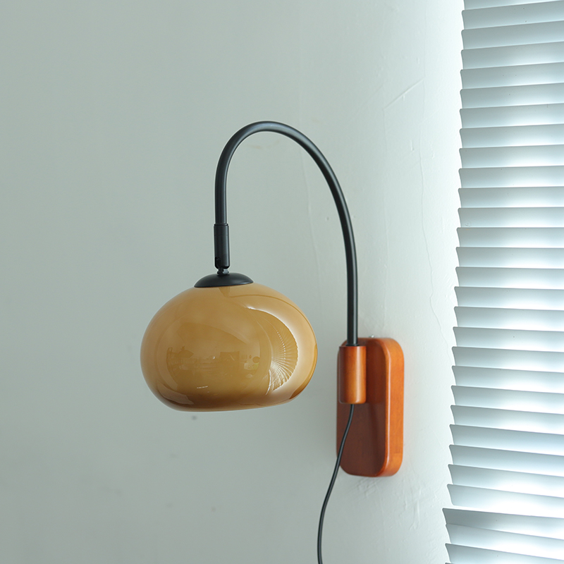 中古柚木色实木玻璃壁灯卧室床头书房客厅装饰网红氛围灯轻奢