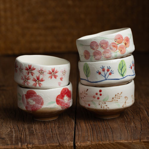 日本进口美浓烧粗陶磨砂赤绘樱花水杯日式抹茶杯甜品碗家用蒸蛋碗