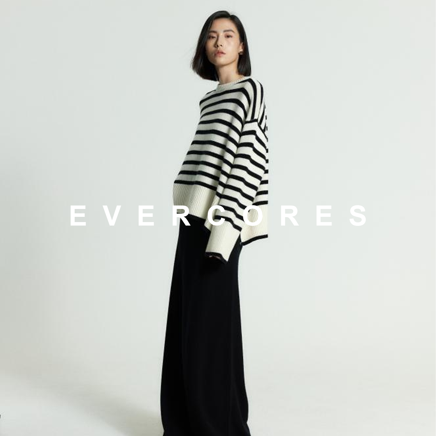 EVERCORES 23秋冬 极简宽松侧开叉条纹撞色百搭羊绒针织套头毛衣