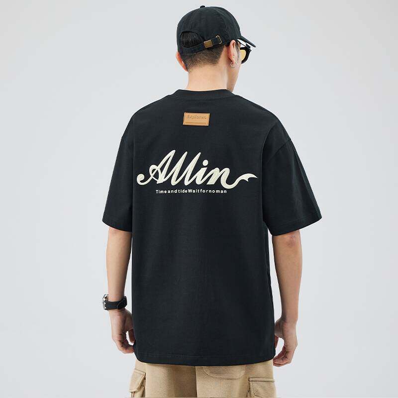 ALLIN 字母印花短袖t恤男夏季潮牌圆领宽松重磅纯棉情侣半袖上衣