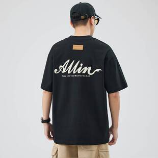 ALLIN 字母印花短袖t恤男夏季潮牌圆领宽松重磅纯棉情侣半袖上衣