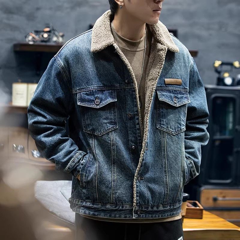 冬季翻领仿羊羔绒棉衣外套男2025新款加厚保暖工装牛仔夹克棉服潮,男装,牛仔外套,淘宝优惠券,粉丝福利购,淘宝优惠卷