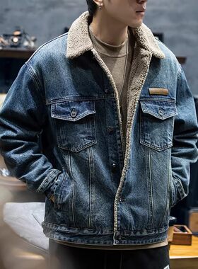 冬季加厚保暖仿羊羔绒牛仔棉服男