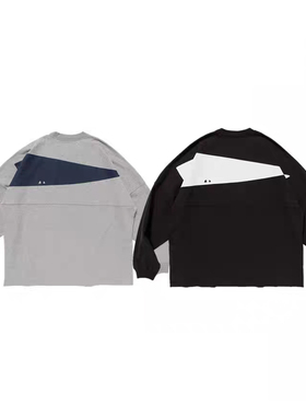 DESCENDAN日系复古廓形重磅棉男女款圆领印花拼接长袖打底衫套头