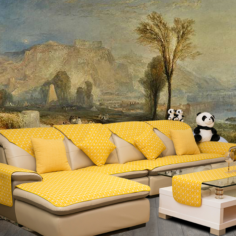 亚麻黄色沙发垫子巾罩套柠檬黄美式四季简约现代北欧式风格三人座