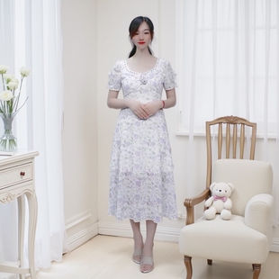 243228清货超值精品女装 碎花女人味夏长款 方领短袖 连衣裙 洋气法式