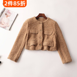 240488亏本清货甜美皮草真羊羔卷毛冬季短款圆领长袖外套