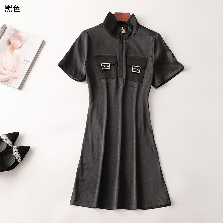 238396超值清货女装洋气纯色时尚夏季高领短袖连衣裙
