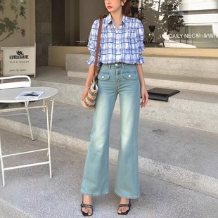 245878新款超值精品女装25年春夏弹力蓝色微喇显瘦女裤长款牛仔裤