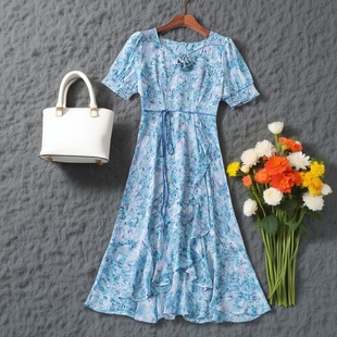 V领短袖 碎花女人味夏长款 连衣裙 洋气法式 243229清货超值精品女装