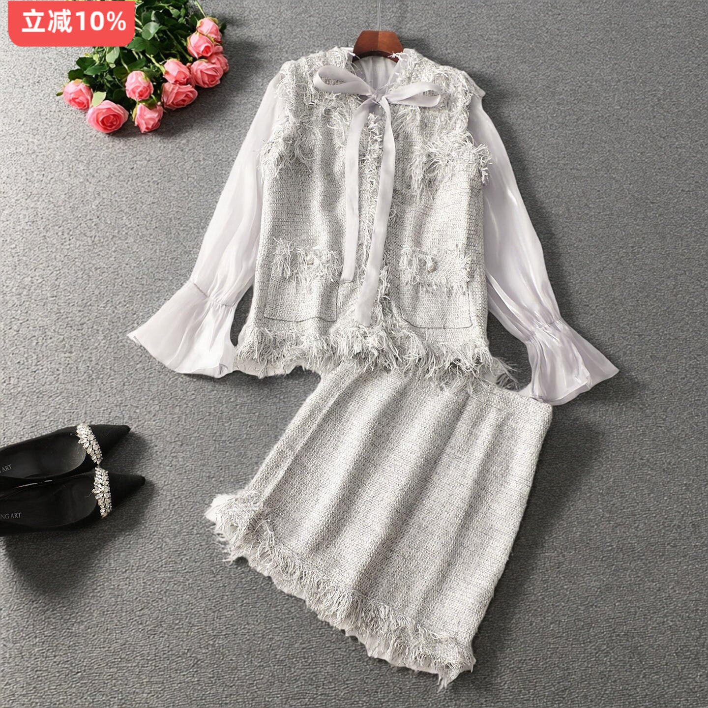 412417新款超值精品女装名媛秋单排扣长袖衬衣半身裙套装3件套