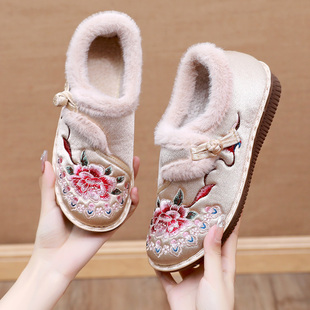 冬季老北京布鞋女棉鞋民族风绣花鞋加绒保暖懒人妈妈鞋外穿毛毛鞋