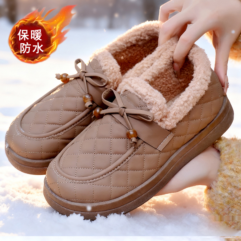 皮面外穿防水女士棉鞋一脚蹬老北京布鞋加绒加厚豆豆鞋保暖妈妈鞋