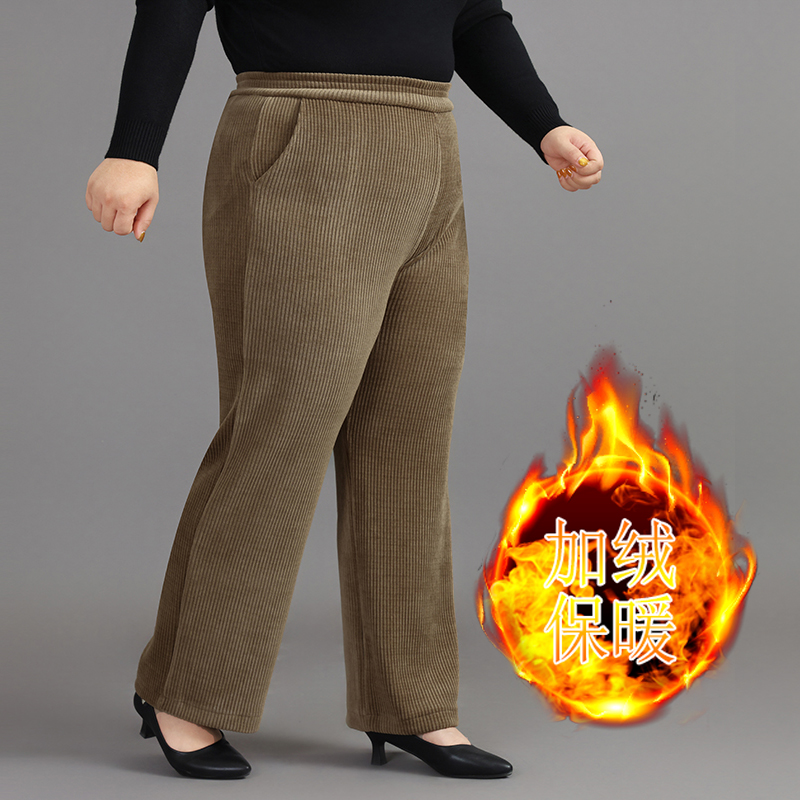 秋冬加大码灯芯绒阔腿裤女加绒加厚宽松高腰妈妈直筒条绒休闲长裤