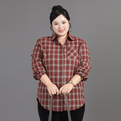 300斤妈妈春秋装长袖衬衫新款中老年气质女中年人格子大码衬衣
