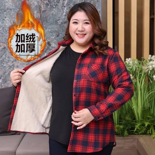 300斤女士加绒保暖冬季长袖衬衫