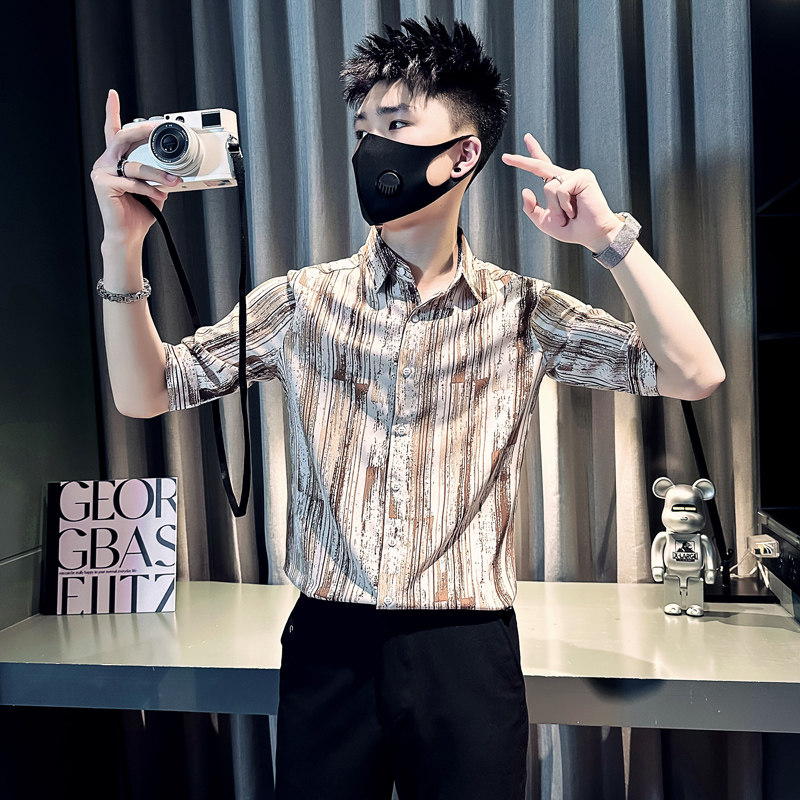 社会小伙2025夏装新品条纹修身潮男士中袖衬衫B372-A253-P58 控78图片