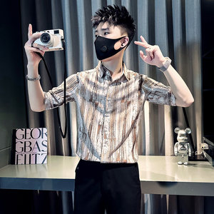 社会小伙2025夏装新品条纹修身潮男士中袖衬衫B372-A253-P58 控78图片