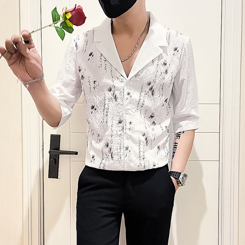 社会小伙店主风无头英伦2025夏天新款男七分袖衬衫A250-P58控78,男装衬衫,电商B372