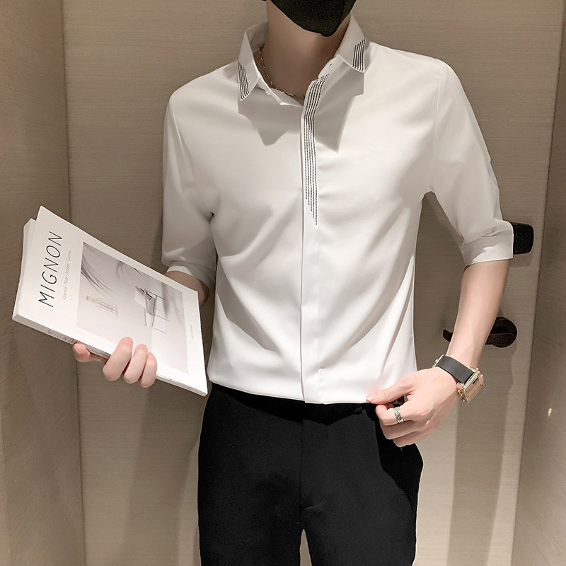刺绣高级感潮流男士七分袖衬衫7分半截袖寸衫轻奢衬衣A161-P55,男装衬衫,电商B372