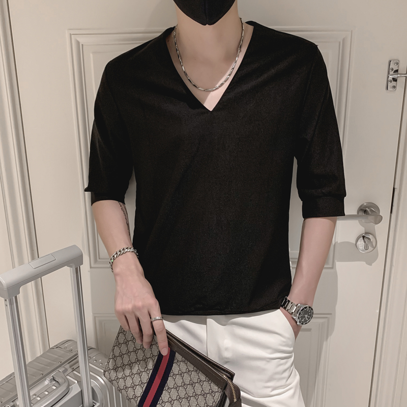 2022流行休闲V领男士修身t恤时尚社会小伙纯色七分袖小衫AT28-P45，男装T恤，电商B372