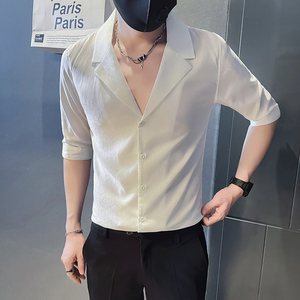 社会小伙店主风无头西装领夏装暗花高级感潮男士中袖衬衫A212-P58图片