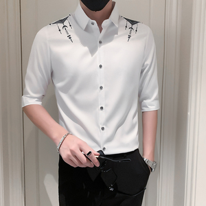夏装新款七分袖衬衫男装ins潮牌西装领刺绣寸衫衣服A179-P55