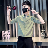 社会小伙2025新品修身型V领条纹男士中袖衬衫B372-A237-P58控78，男装衬衫，电商B372