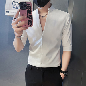 2025夏装新款立领衬衫修身痞帅衬衣男士中袖百搭寸衫    A211-P55图片