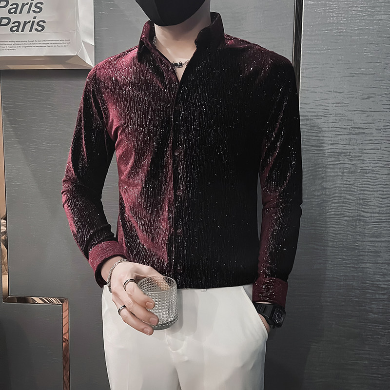 满天星烫钻韩绒长袖衬衫秋天潮男士痞帅炸街寸衫HF307-特P60,男装衬衫,电商B372